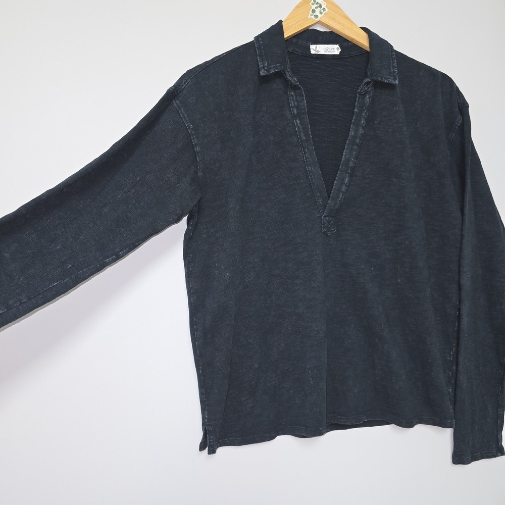 Carve Designs Mara Polo Top Shirt Slub Knit Size L Navy Organic Cotton Womens - Picture 7 of 9